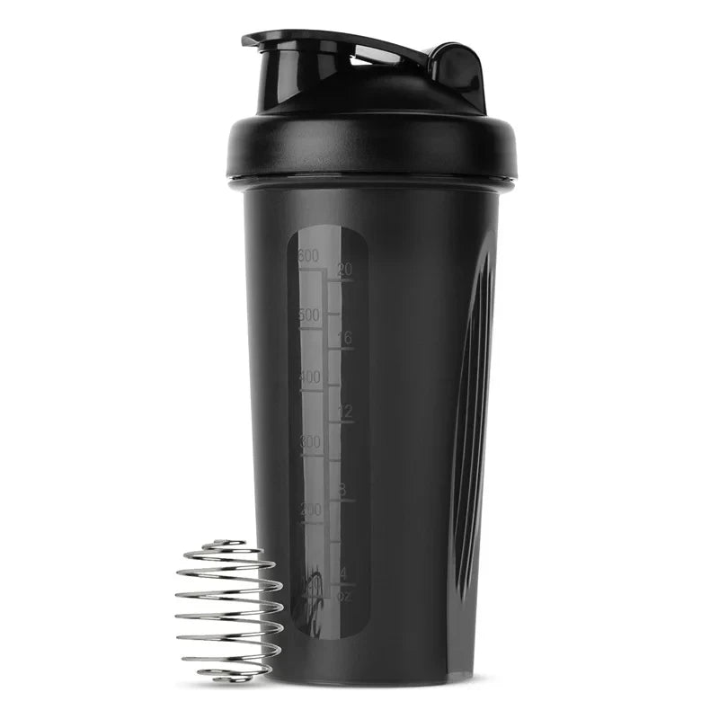 Black shaker bottle with a spring on a white background