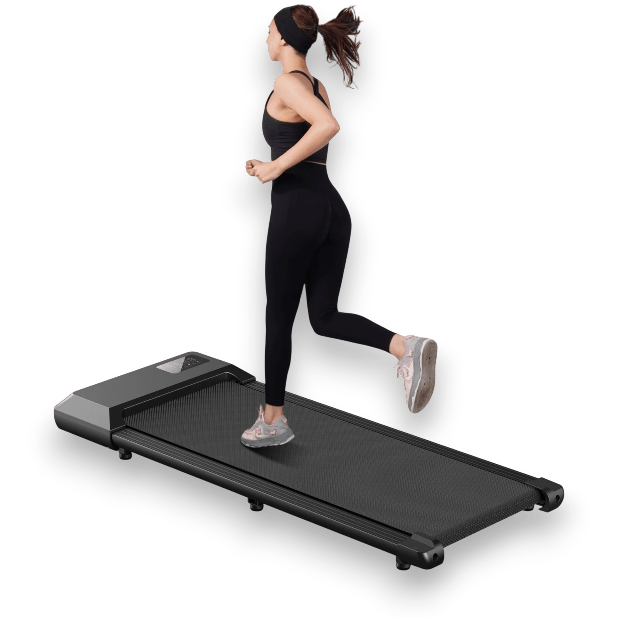 Woman running on a treadmill against a white background