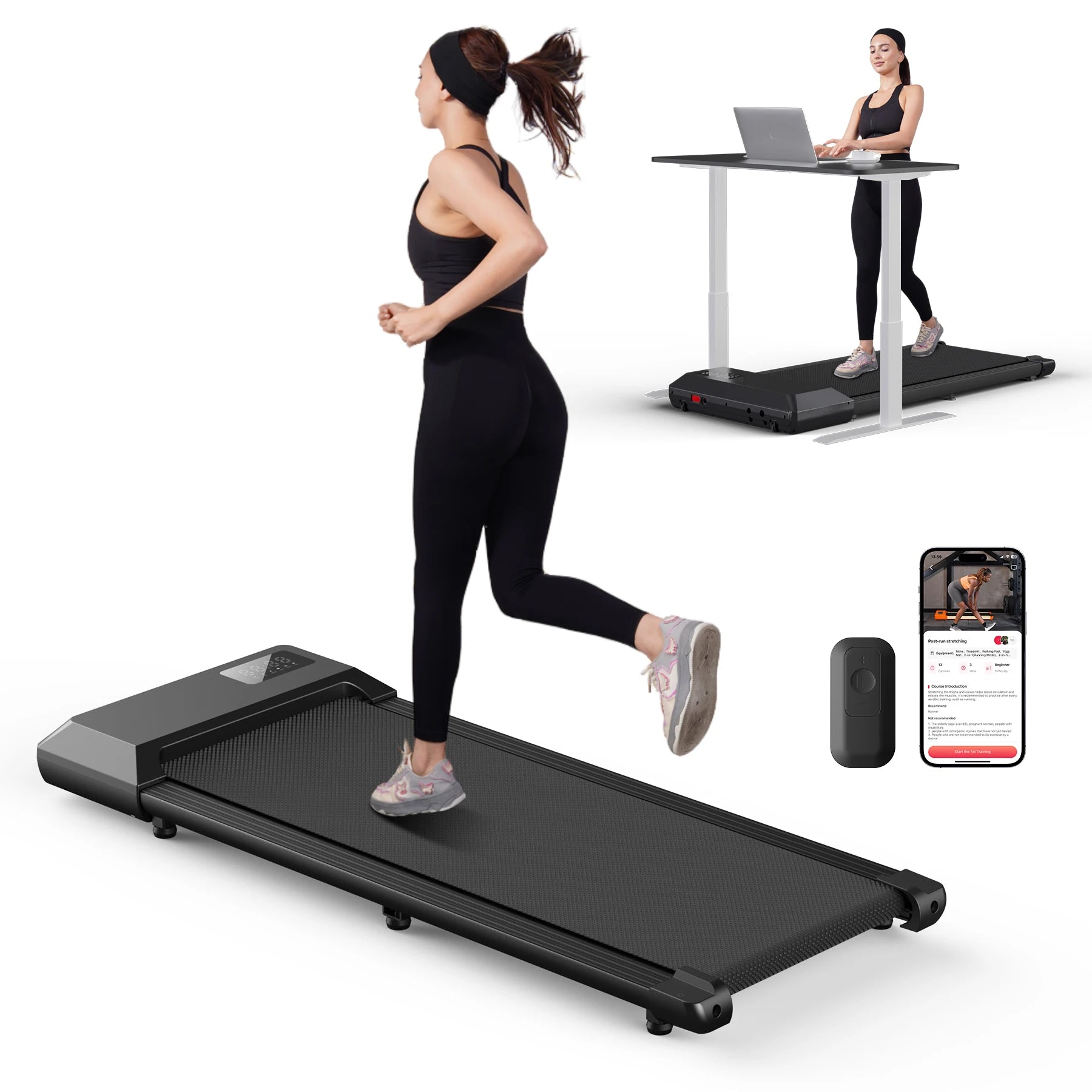 ProStrider™ 2.0 Treadmill with a woman using it, another person at a standing desk, and a smartphone app displayed.